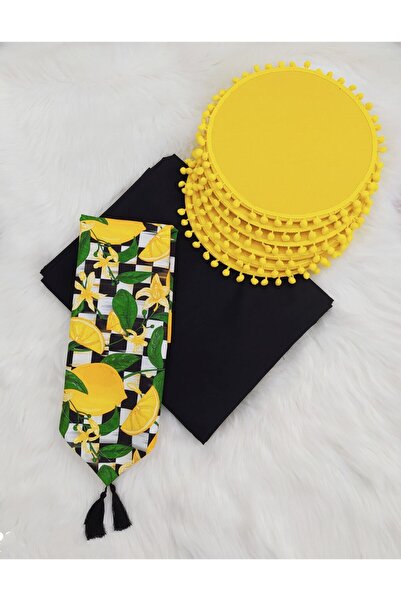 dehaberk طقم مفارش مائدة سوداء بنمط ليموني مربعات 6 قطع من طبق بوم بوم أصفر مقاس 150 × 250 سم