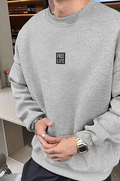 Millionaire Ανδρικός ιδρώτας Grey Melange Free Life Printed - Χοντρός και χαλαρός, 0 λαιμόκοψη, 3 κλωστές