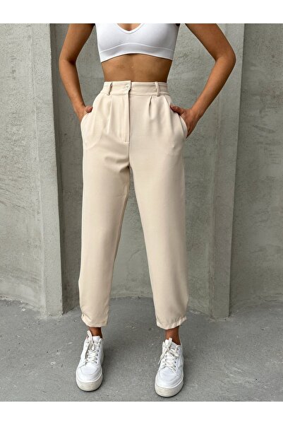 BEJNA Μπεζ Γυναικείο Παντελόνι - Πλισέ και Κουμπωτό