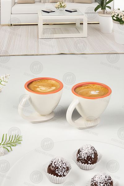 Akkoyunlu home 2 Li Porcelain Coffee Cup Set with Self Plate Set Red Gilded Turkish Coffee Cup