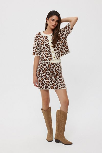 Seda Yalçın Atelier Gold Colored Leopard Patterned Vest and Skirt Set - Gold Button Detail