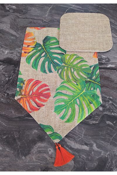 dehaberk Camel Base Pattern Runner + 6 Pieces Square Placemat Set