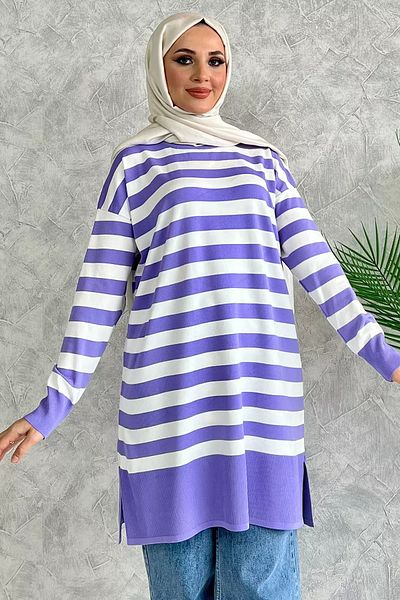 jldkids Lilac Striped Hijab Knitwear Tunic - Crew Neck