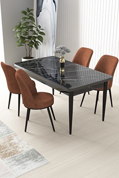 Canisa Nil Serisi 70x110 Sabit Mutfak Masası Takımı Siyah Mermer Desen Masa 4...