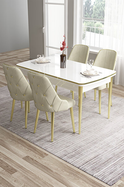 Canisa Tia Serisi Mdf 80x132 Açılabilir Beyaz Gold Detay Yemek Masası Takımı Ve 4 Krem Sandalye