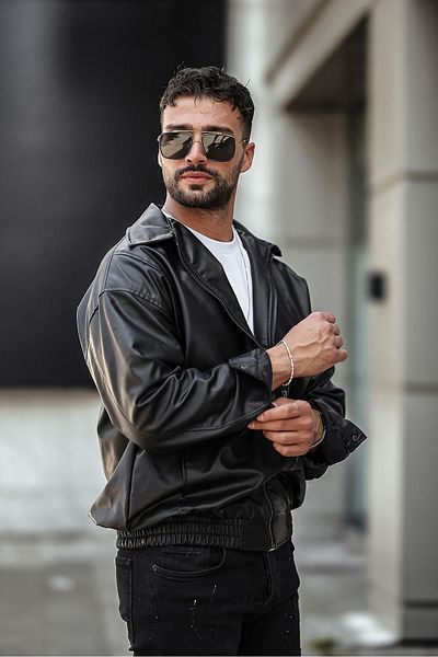 gm giyimarket Μαύρο ανδρικό δερμάτινο μπουφάν oversize