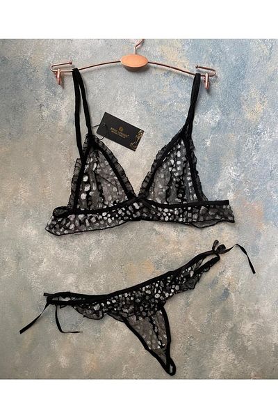 İntive Lingerie Γυναικείο διαφανές σετ μαύρο Bralet με φωτεινό σχέδιο