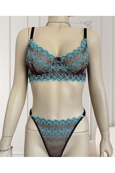 İntive Lingerie Σετ στρινγκ σουτιέν με διαφανές εσώρουχο με μοτίβο καφέ-τιρκουάζ