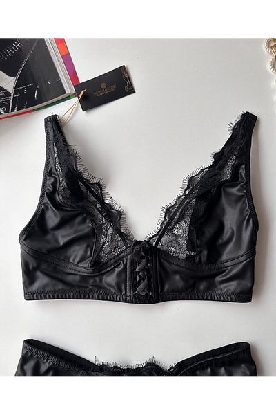 İntive Lingerie Γυναικείο σχέδιο Latex Leather με λεπτομέρεια με δέσιμο στο μπροστινό μέρος Σέξι σουτιέν (με δώρο κάλτσες) - Rylee