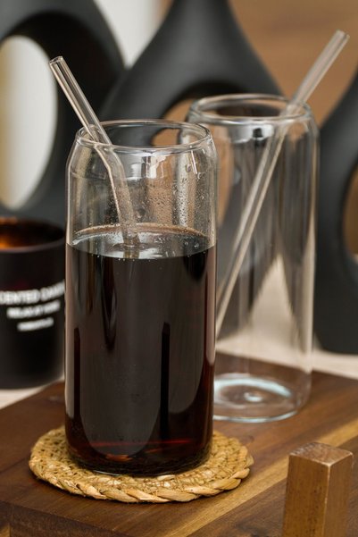 Heda Porselen Set of 2 420 ml Heat-Resistant Glass Cups with Straws - Box Cola Shaped Coffee Presentation Cup