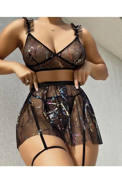 İntive Lingerie Γυναικείο μαύρο τούλι με μοτίβο σέξι σουτιέν Σετ-l/xl