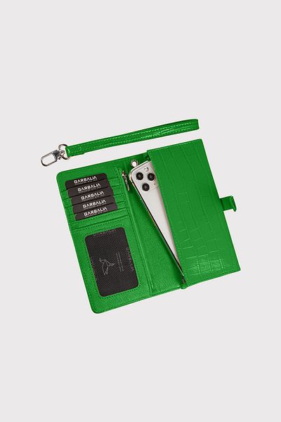 Garbalia Green Croco Patterned Women's Wallet - Astana Belt, Lockable Zipper and Wrist Strap