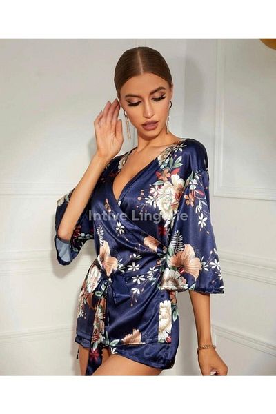 İntive Lingerie Rochie de toaletă/cămașă de noapte sexy cu model de flori albastre pentru femei