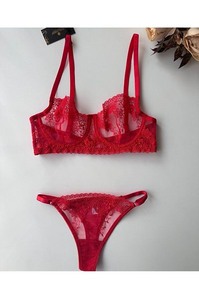İntive Lingerie Red Patterned Transparent Lace Bra Thong Set