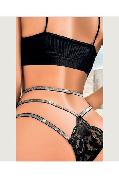 İntive Lingerie Snur negru pentru femei cu 3 dungi laterale și dungi strălucitoare cu șnur cu talie înaltă - 9142