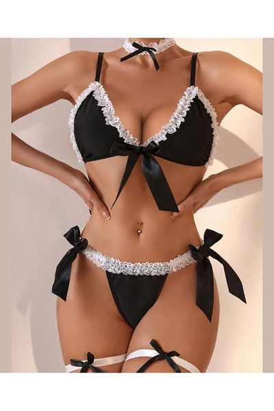 İntive Lingerie Ασπρόμαυρο σετ σουτιέν με δαντέλα με λαιμόκοψη και αξεσουάρ ποδιών με κορδέλα -7038