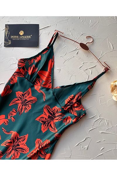 İntive Lingerie Cămașă de noapte mini cu bretele pentru femei, verde petrol, portocaliu, floral, cu decolteu în V-3650