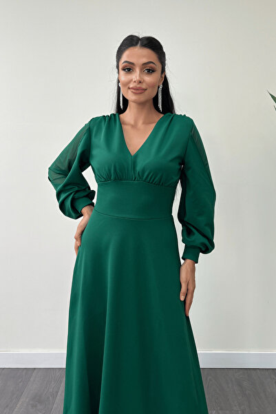 giyimmasalı Crepe Fabric Sleeves Tulle Evening Dress - ZIMRUT GREEN