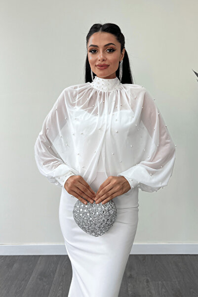 giyimmasalı Krep Kumaş İnci Bolero Detaylı Balık Elbise - BEYAZ