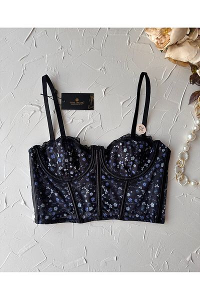 İntive Lingerie Sutien/Bustieră Corset Luna Negru Bleumarin cu sârmă cu imprimeu floral