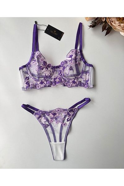 İntive Lingerie Flower Love Σετ σουτιέν με διάφανο δαντέλα με λουλούδια (ροζ, μωβ, σολομός)
