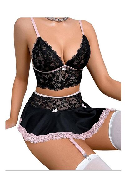 İntive Lingerie Bella Γυναικεία Δαντελένια Μίνι Φούστα με Ζαρτιέρες Σουτιέν Σετ Κάλτσες Φούστα