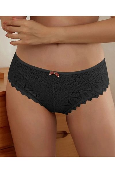 İntive Lingerie Black Fancy Slip/Tanga with Lace Back Cross Tie Detail -1003