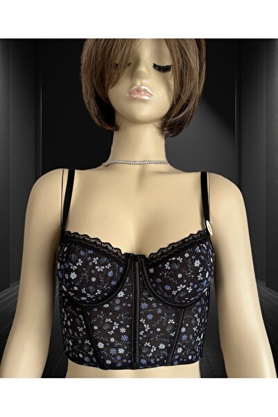 İntive Lingerie Luna Чорно-синій корсет-бюстгальтер з квітковим візерунком