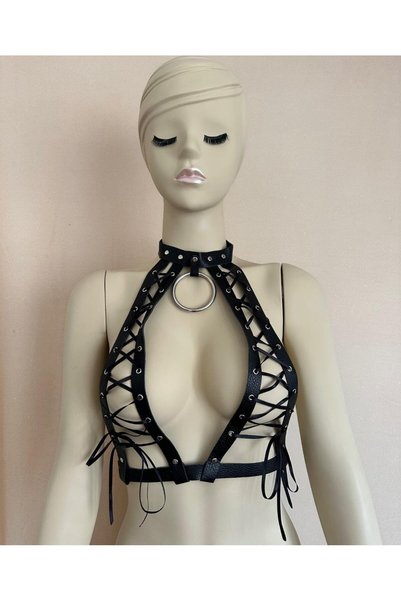 İntive Lingerie Andra Kadın Hakiki Deri Kurdele Bağlama Detaylı Fantezi Sütyen (Limited Edition)