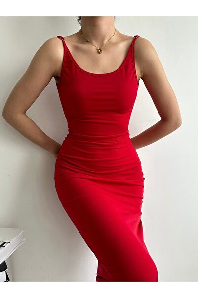 BEJNA Women's Red Adjustable Strap Maxi Dress