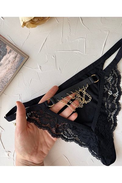 İntive Lingerie Black Back Pendent Chain Lace Transparent Net Cotton Fancy Brazilian-5255 (Special Collection)