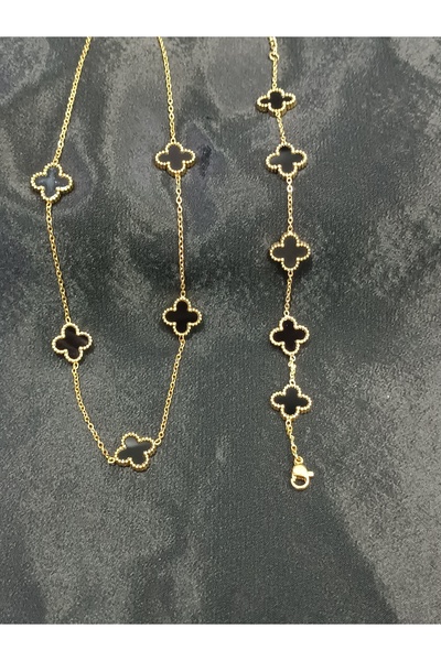 DNA Takı 316L Çelik Gold Renk Yonca Model Kolye ve Bileklik Seti