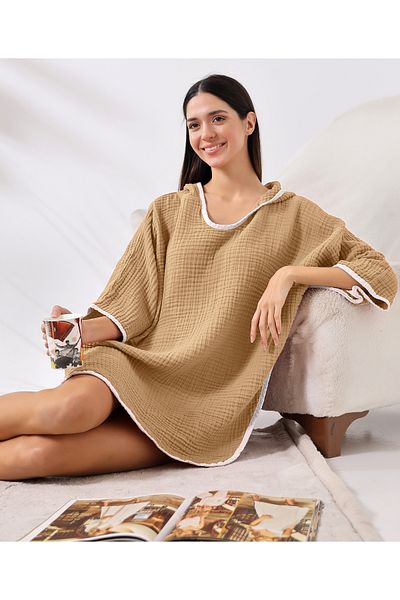destinyhometex Γυναικείο πόντσο για ενήλικες Latte 4 στρώσεων μουσελίνας με κουκούλα