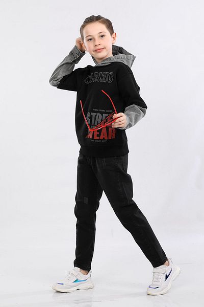 MORNIO Boy's Black Sweatshirt - Three String Jeans and Hood Detail Mrn7009