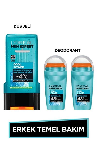 L'Oreal Paris Men Expert Erkek Temel Bakım Seti Cool Power Ferahlatıcı Duş Jeli 300ml + Cool Power Roll On X2