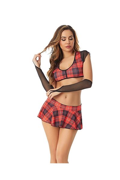 İntive Lingerie Lily Bianca καρό μοτίβο φούστα Bustier γάντια κοστούμι/στολή γυναικών γυμνασίου -268