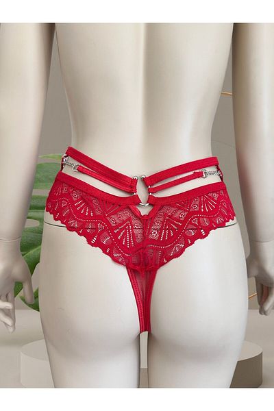 İntive Lingerie Red Back Chain Lace Transparent Net Cotton Fancy Thong-5168 (Special Collection)