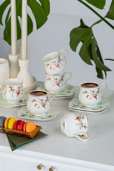 Kosova Zjn-001/1 Flower Gold Gilt Turkish Coffee Cup Set for 6 People