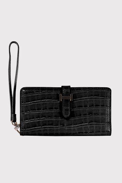 Garbalia Black Women's Wallet - Croco Pattern with Astana Belt, Lock and Zipper, Wrist Strap and Phone Compartment