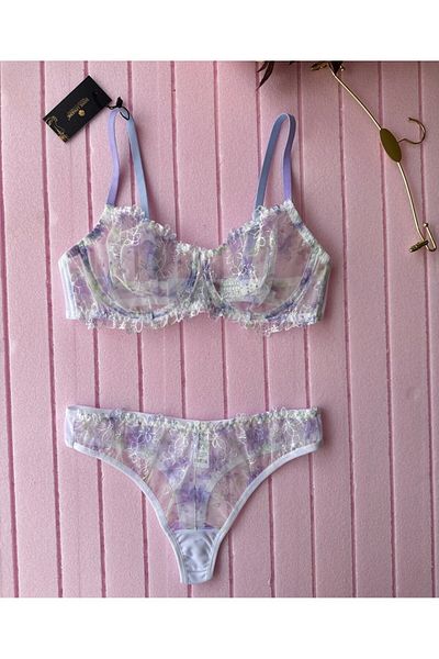 İntive Lingerie Σέξι σουτιέν με λουλούδι μέσα σε λιλά διαφανές μοτίβο λουλουδιών