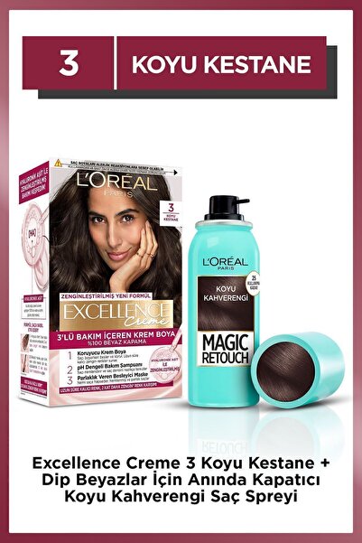 L'Oreal Paris Excellence Creme Saç Boyası 3 Koyu Kestane + Beyaz Saçlar Için ...