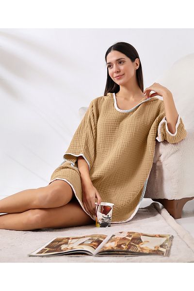 destinyhometex Γυναικείο πόντσο για ενήλικες Latte 4 στρώσεων μουσελίνας με κουκούλα