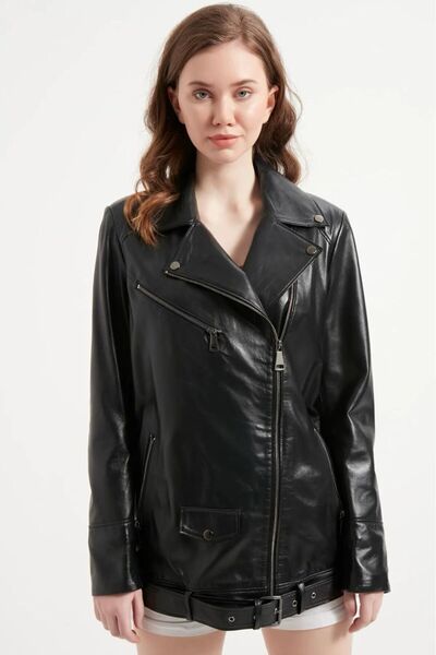 gorgitino Jachetă de damă din piele naturală cu centură în talie model oversize