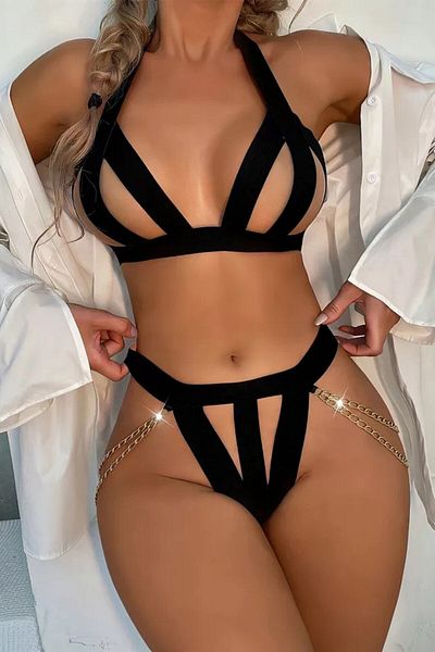 İntive Lingerie Γυναικείο Σετ Μαύρο Φανταχτερό Σουτιέν με αλυσίδα