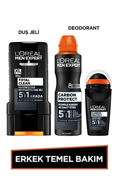 L'Oreal Paris Men Expert Erkek Temel Bakım Seti Total Clean Kömürlü Duş Jeli 300 Ml + Carbon Protect Deodorant + Roll On
