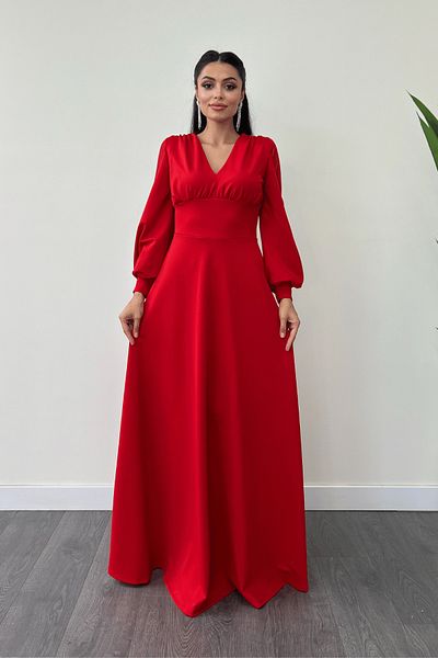 giyimmasalı Crepe Fabric Sleeves Tulle Evening Dress - RED