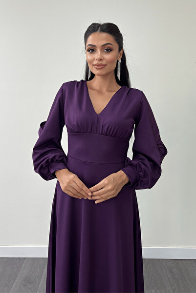giyimmasalı Krep Kumaş Kolları Tül Abiye Elbise - PATLICAN MOR