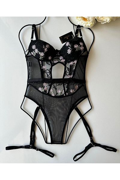 İntive Lingerie Body cu design transparent cu model de flori Alora, cu jartieră