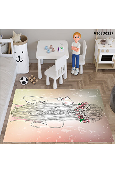 A2ZTR Kedili küçük bir kızın Desenli Yatak Örtüsü,Perde Çift Taraf, Yastık,Kırlent Kılıfı,Halı Ve Tablo