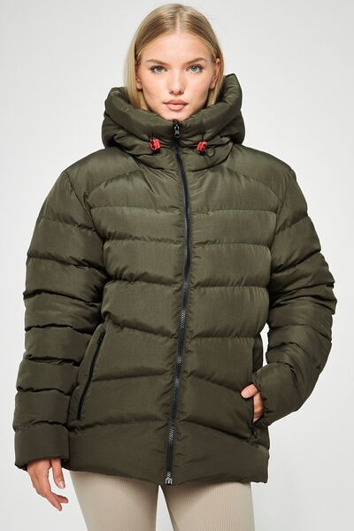 QAWWA Women's Lined Hooded Windproof Khaki Inflatable Winter Coats